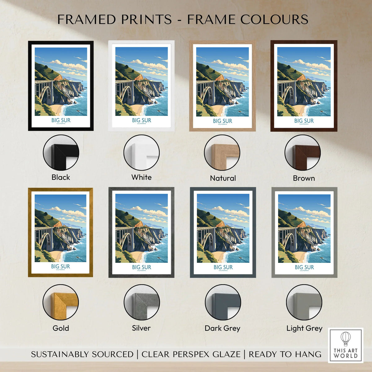Big Sur Wall Art | Modern Style framed print frame colour options: black, white, natural, brown, gold, silver, dark grey and light grey