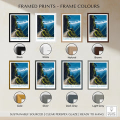 Camino de la Muerte Bolivia Cliff Road Wall Art — the Yungas cliff road curving along a jungle mountainside above the Bolivian Andes, shown as framed print colour options