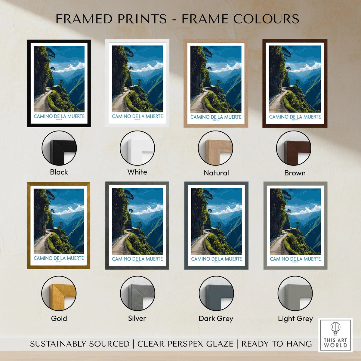 Camino de la Muerte Bolivia Cliff Road Wall Art — the Yungas cliff road curving along a jungle mountainside above the Bolivian Andes, shown as framed print colour options