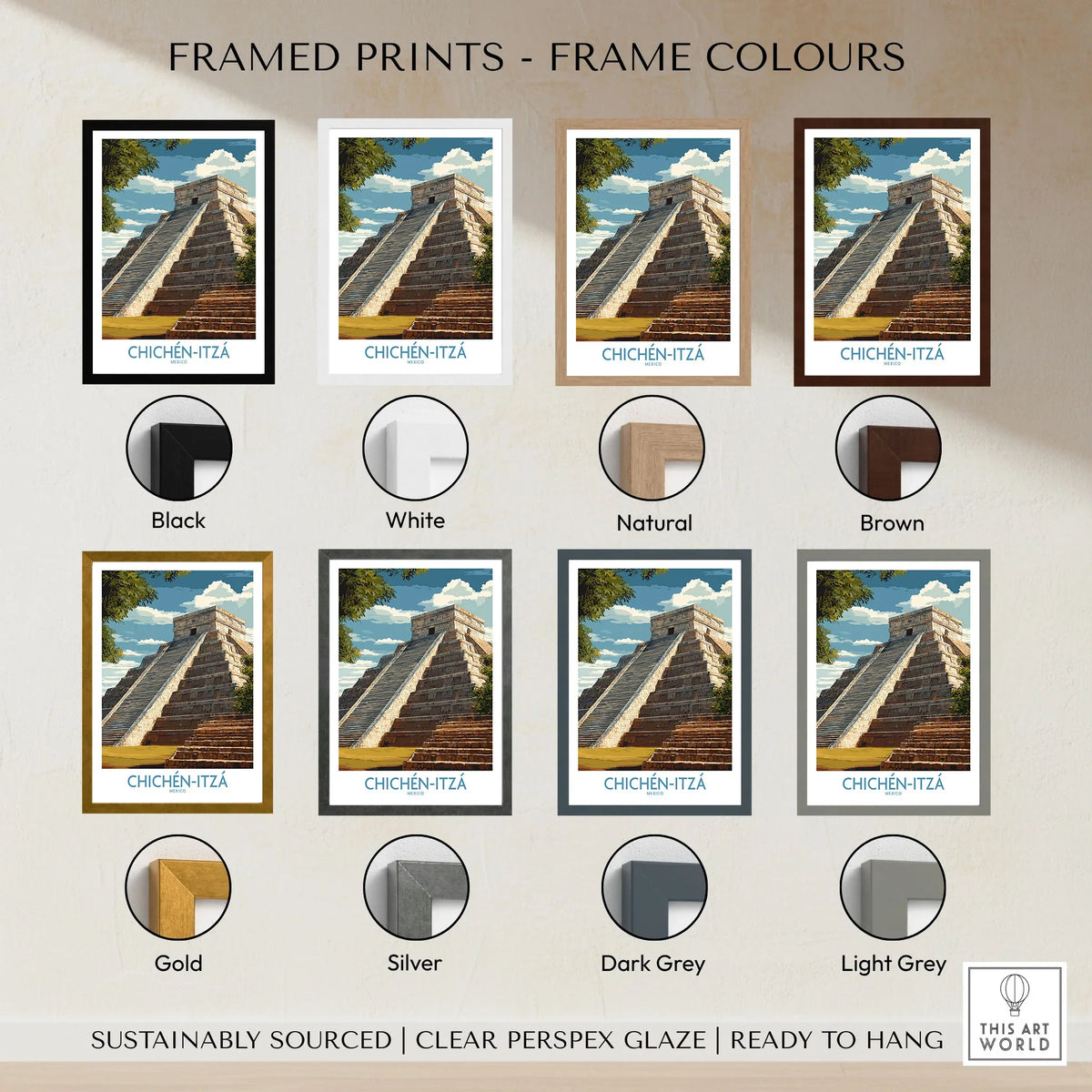 Mexico Chichén Itzá El Castillo Poster Mayan Temple Travel Print Ancient Ruins Wall Art framed print frame colour options: black, white, natural, brown, gold, silver, dark grey and light grey