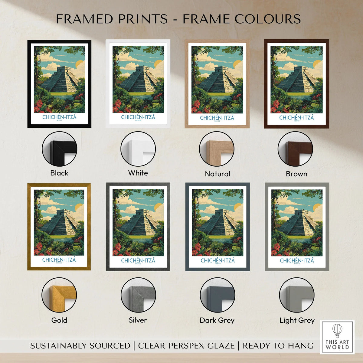 Mexico Chichén Itzá Mayan Pyramid Poster Jungle Ruins Travel Print El Castillo Art framed print frame colour options: black, white, natural, brown, gold, silver, dark grey and light grey