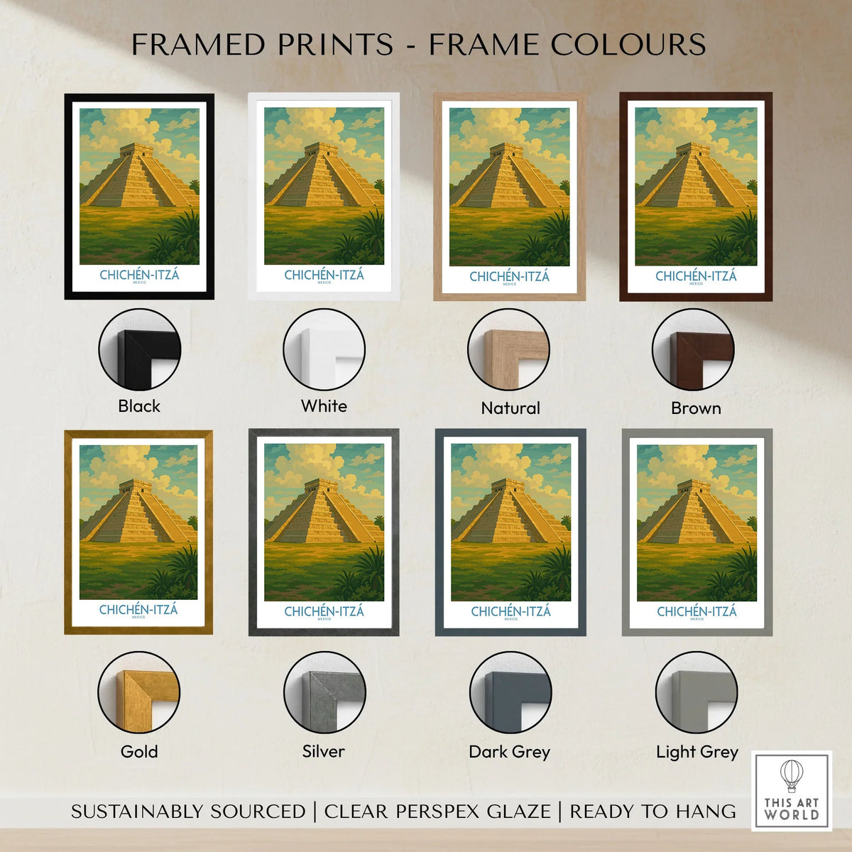 Mexico Mayan Pyramid Chichén Itzá Travel Poster El Castillo Landscape Print Wall Art framed print frame colour options: black, white, natural, brown, gold, silver, dark grey and light grey