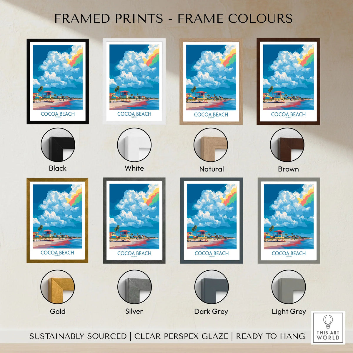 Cocoa Beach Rainbow Cloud Poster - Florida Travel Decor framed print frame colour options: black, white, natural, brown, gold, silver, dark grey and light grey