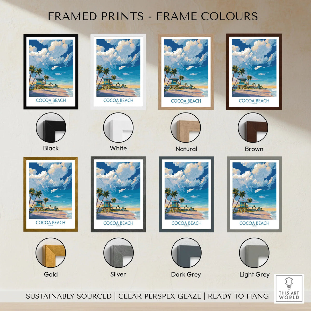Cocoa Beach Florida Oceanfront Landscape Print - Florida Coast Decor framed print frame colour options: black, white, natural, brown, gold, silver, dark grey and light grey