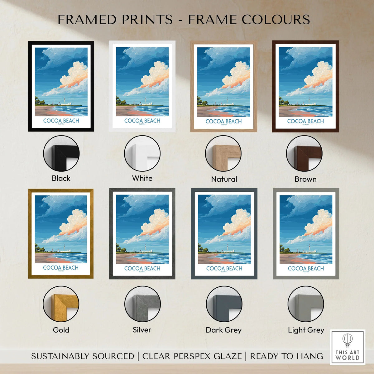 Cocoa Beach Kennedy Space Center Poster - Florida Wall Art Decor framed print frame colour options: black, white, natural, brown, gold, silver, dark grey and light grey