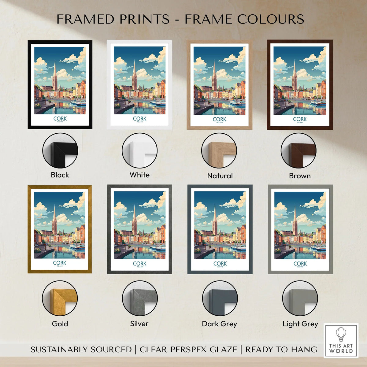 Cork Ireland Poster framed print frame colour options: black, white, natural, brown, gold, silver, dark grey and light grey