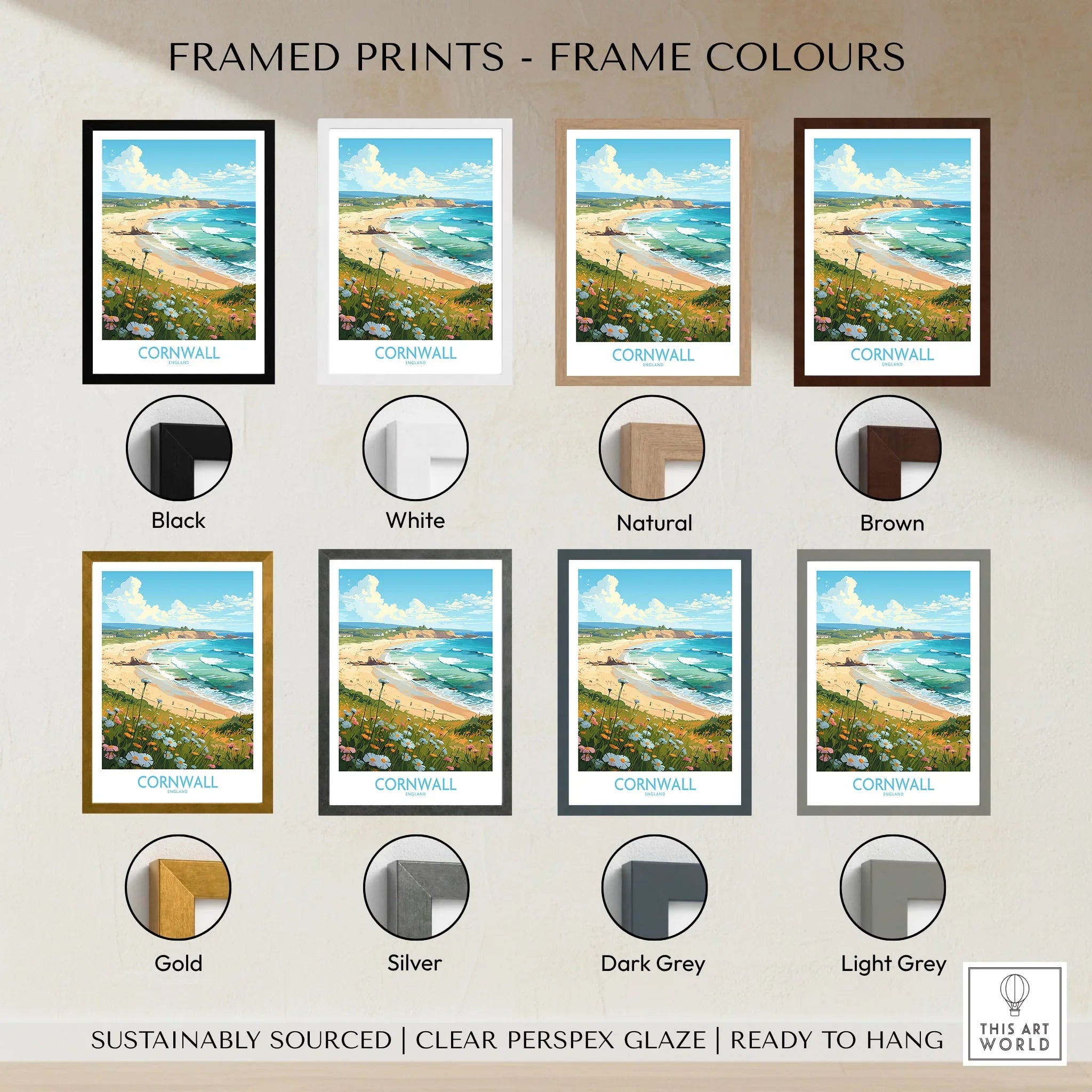 Cornwall Wall Art | Modern Style framed print frame colour options: black, white, natural, brown, gold, silver, dark grey and light grey