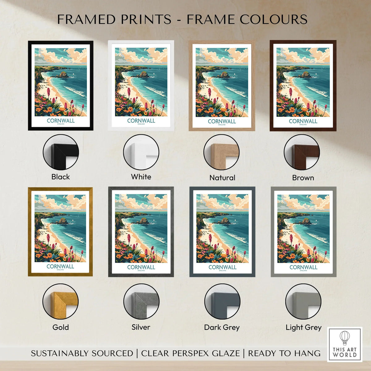 Cornwall Travel Poster - United Kingdom framed print frame colour options: black, white, natural, brown, gold, silver, dark grey and light grey