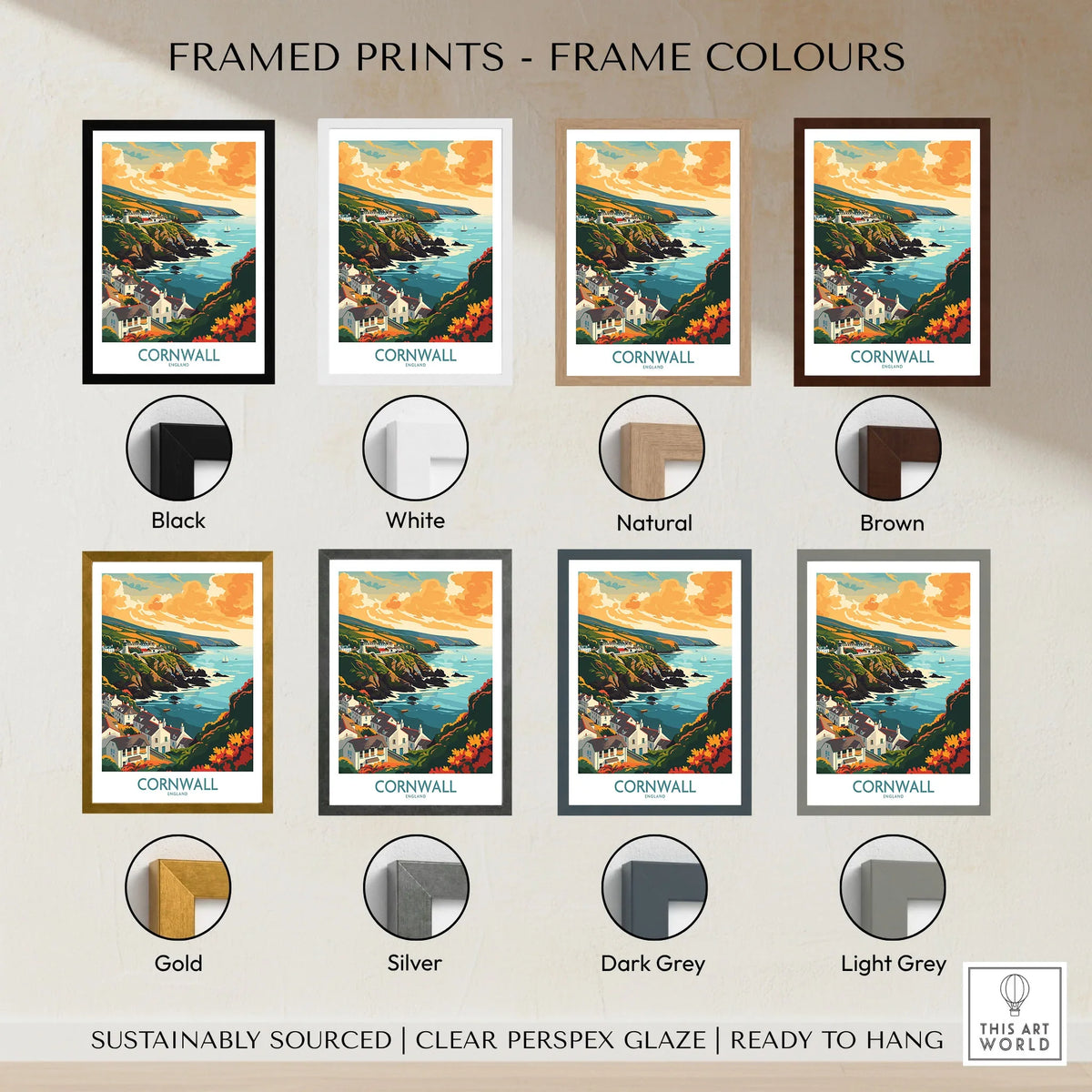 Cornwall Art Print - Modern framed print frame colour options: black, white, natural, brown, gold, silver, dark grey and light grey