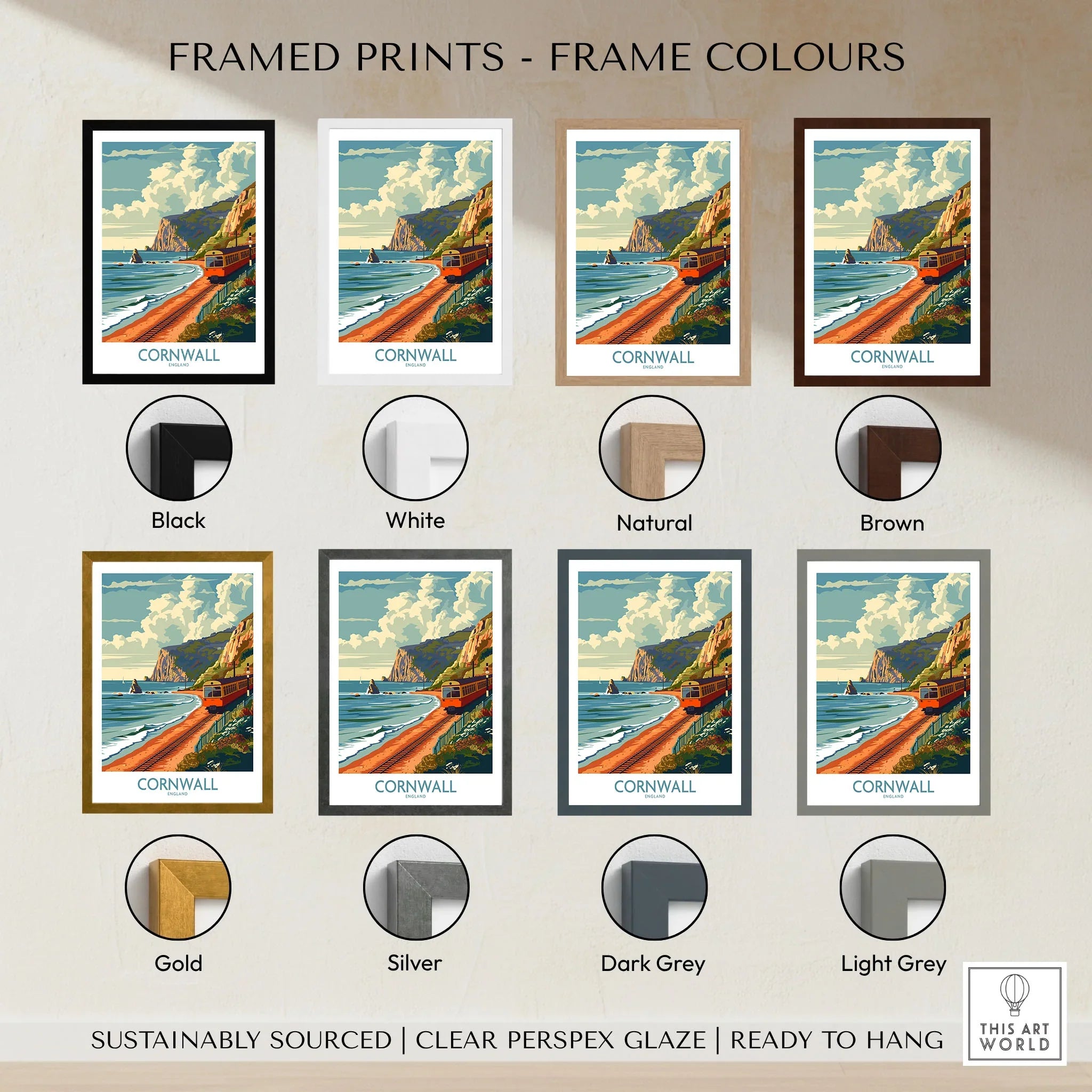 Cornwall Coast Wall Art Print framed print frame colour options: black, white, natural, brown, gold, silver, dark grey and light grey