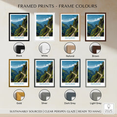 Death Road Bolivia Art Print | Yungas Road Poster framed print frame colour options: black, white, natural, brown, gold, silver, dark grey and light grey