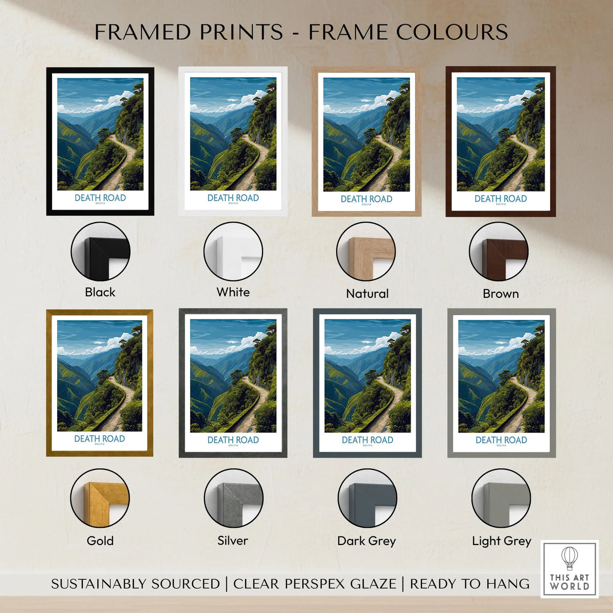 Death Road Bolivia Art Print | Yungas Road Poster framed print frame colour options: black, white, natural, brown, gold, silver, dark grey and light grey