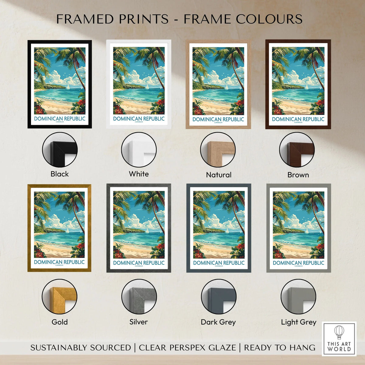 Dominican Republic Poster framed print frame colour options: black, white, natural, brown, gold, silver, dark grey and light grey