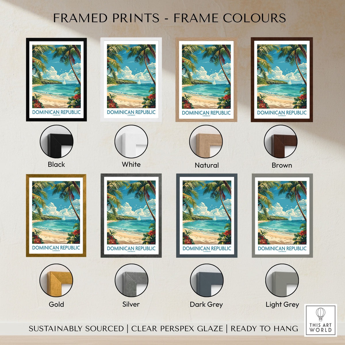 Dominican Republic Poster framed print frame colour options: black, white, natural, brown, gold, silver, dark grey and light grey