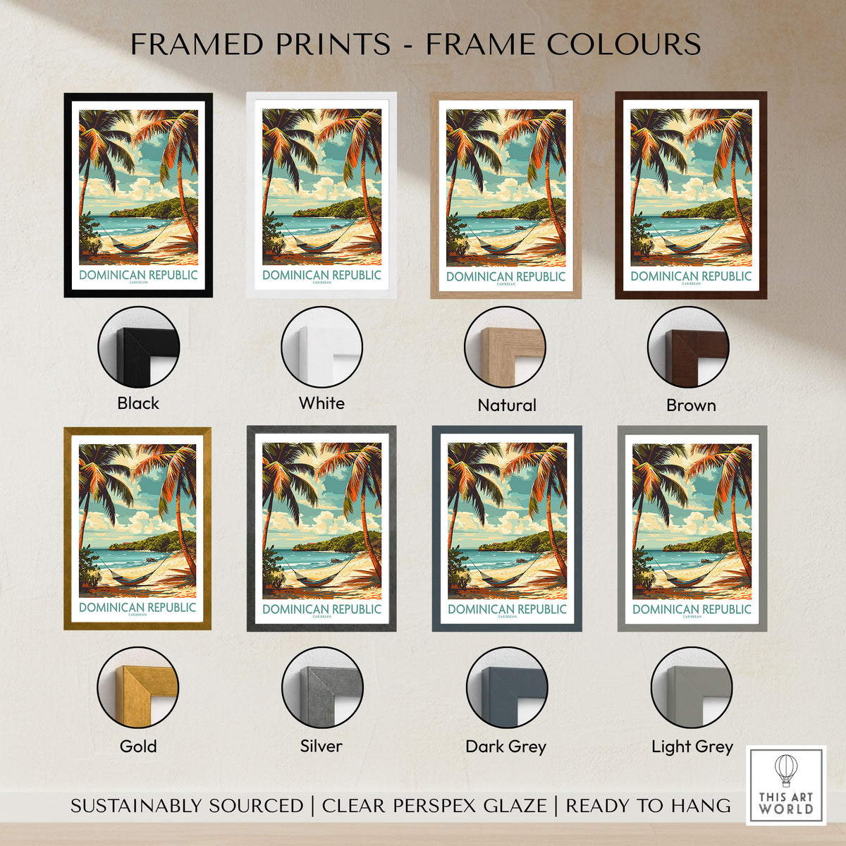 Dominican Republic Print framed print frame colour options: black, white, natural, brown, gold, silver, dark grey and light grey