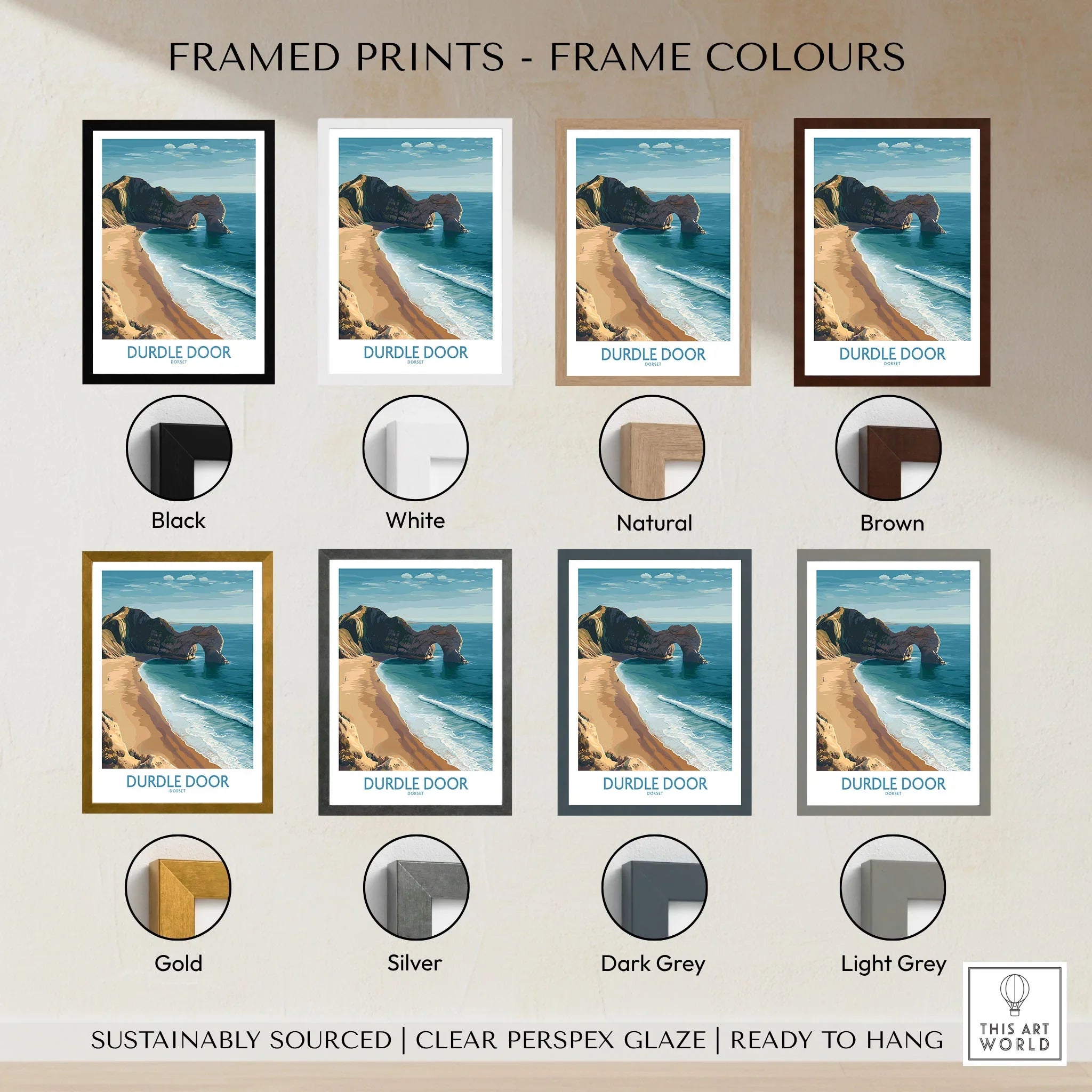 Durdle Door Art Print Dorset Wall Art framed print frame colour options: black, white, natural, brown, gold, silver, dark grey and light grey