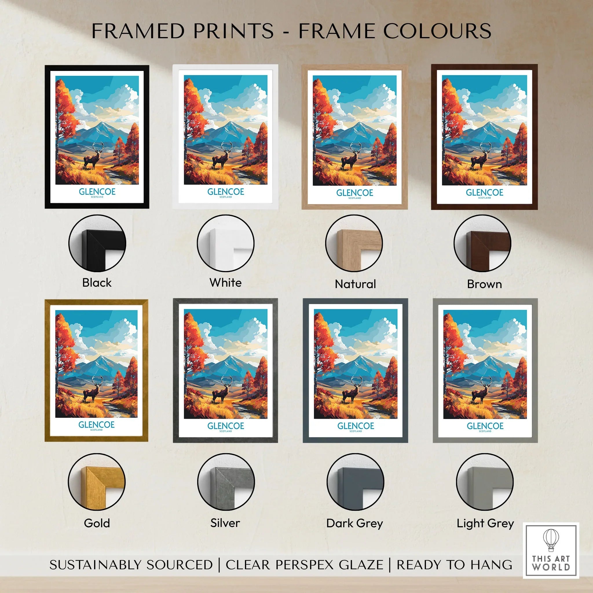 Glencoe Art Print Modern framed print frame colour options: black, white, natural, brown, gold, silver, dark grey and light grey