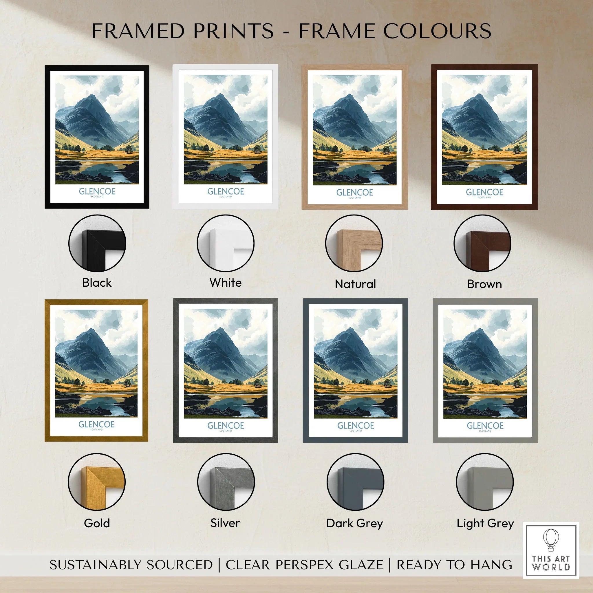 Glencoe Travel Poster framed print frame colour options: black, white, natural, brown, gold, silver, dark grey and light grey