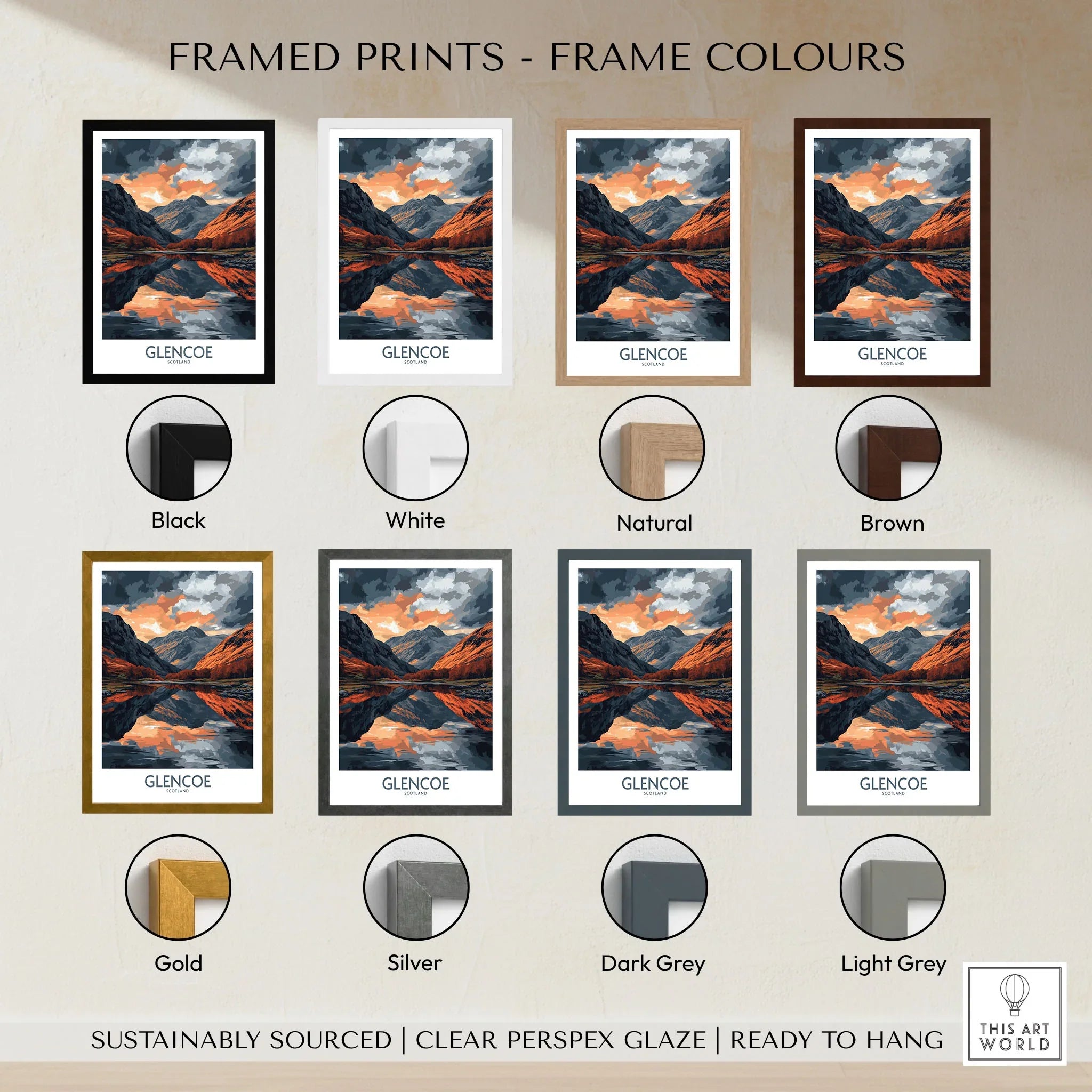 Glencoe Wall Art Poster framed print frame colour options: black, white, natural, brown, gold, silver, dark grey and light grey