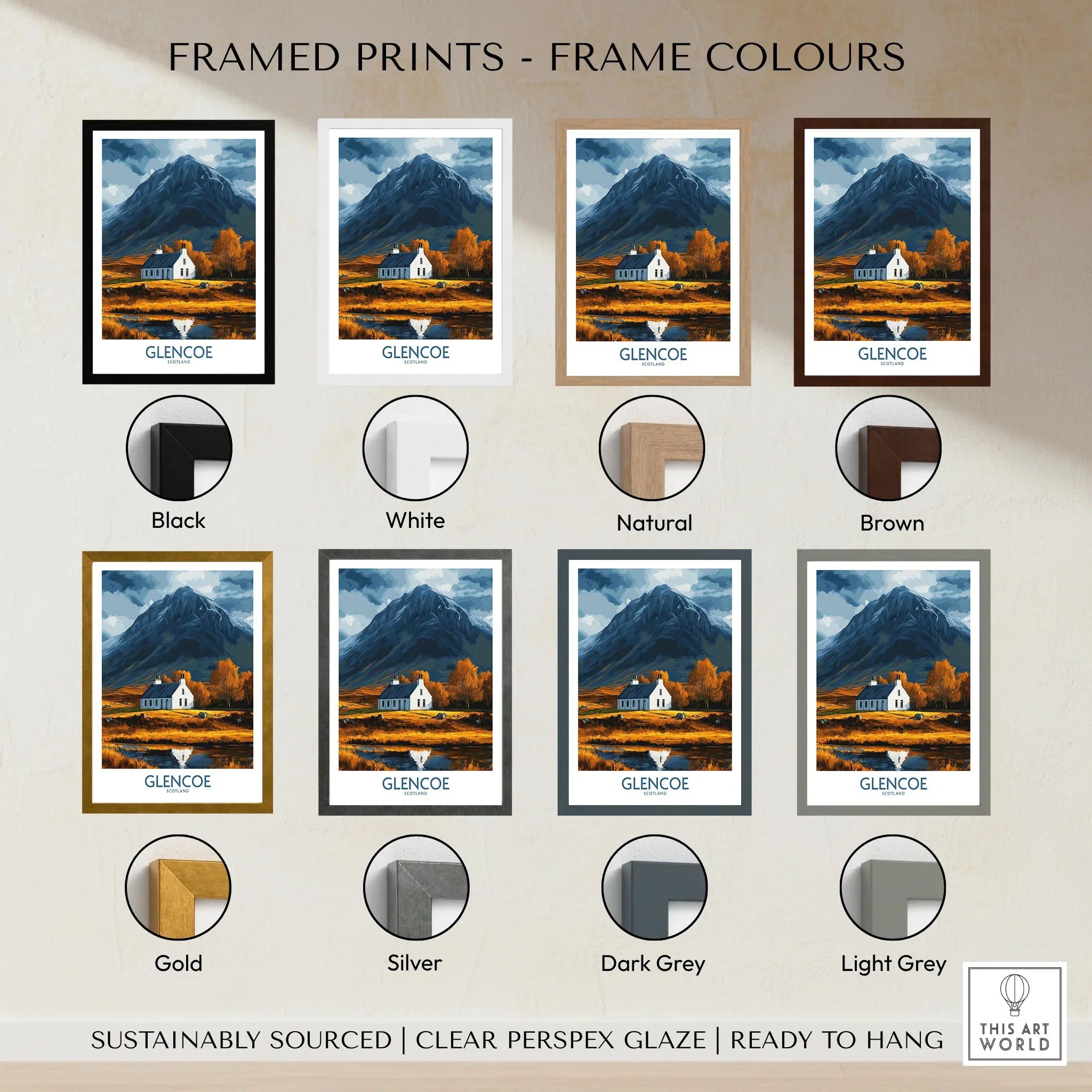 Glencoe Scotland Print framed print frame colour options: black, white, natural, brown, gold, silver, dark grey and light grey