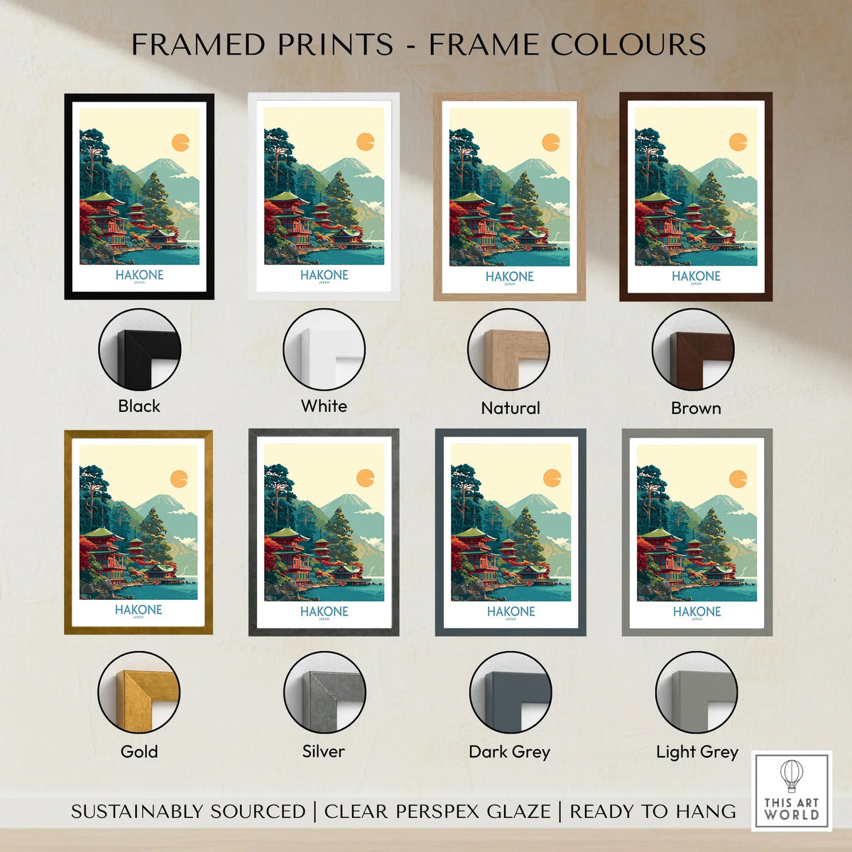 Hakone Japan Lake Ashi Temple Print - Japanese Pagoda Wall Art - Modern framed print frame colour options: black, white, natural, brown, gold, silver, dark grey and light grey
