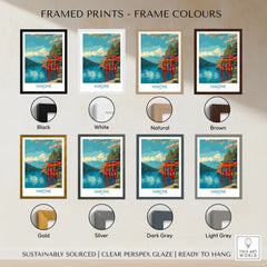Hakone Wall Art Japan Red Torii Gate Poster framed print frame colour options: black, white, natural, brown, gold, silver, dark grey and light grey