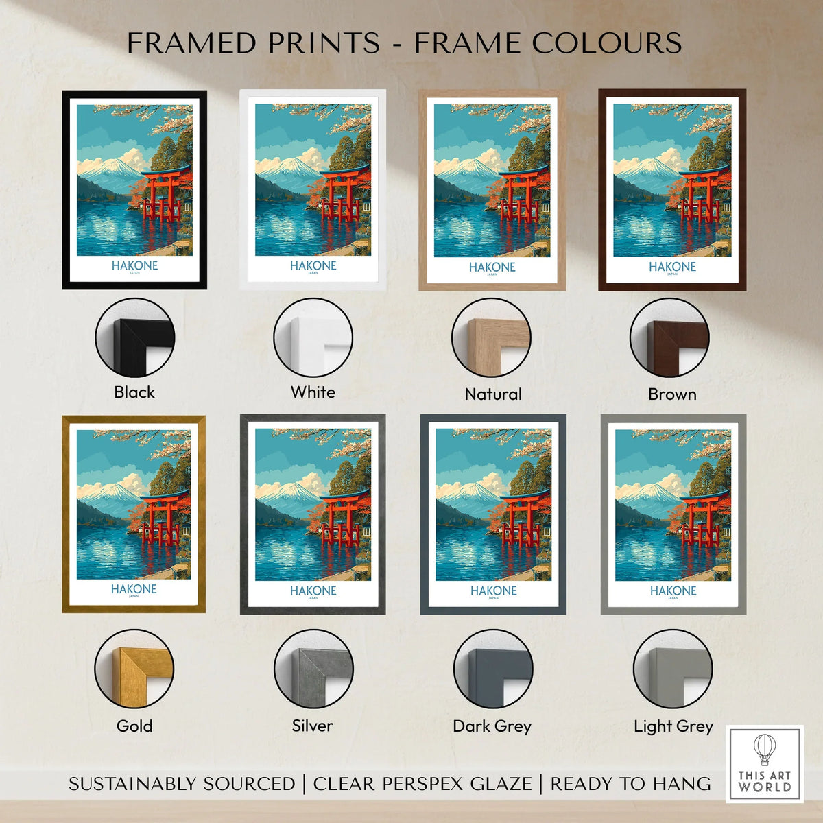Hakone Wall Art Japan Red Torii Gate Poster framed print frame colour options: black, white, natural, brown, gold, silver, dark grey and light grey