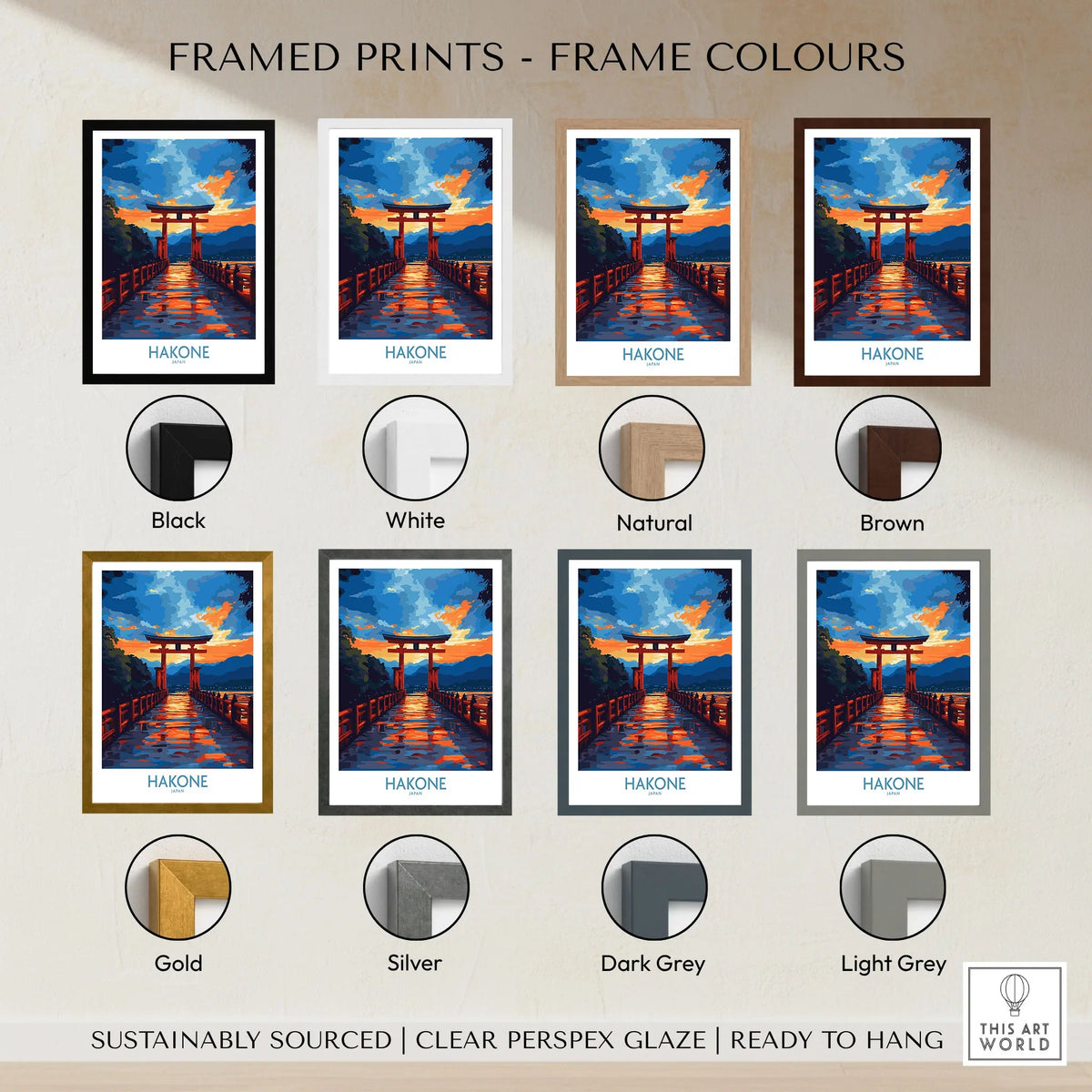 Hakone Wall Art - Japan Travel Poster framed print frame colour options: black, white, natural, brown, gold, silver, dark grey and light grey