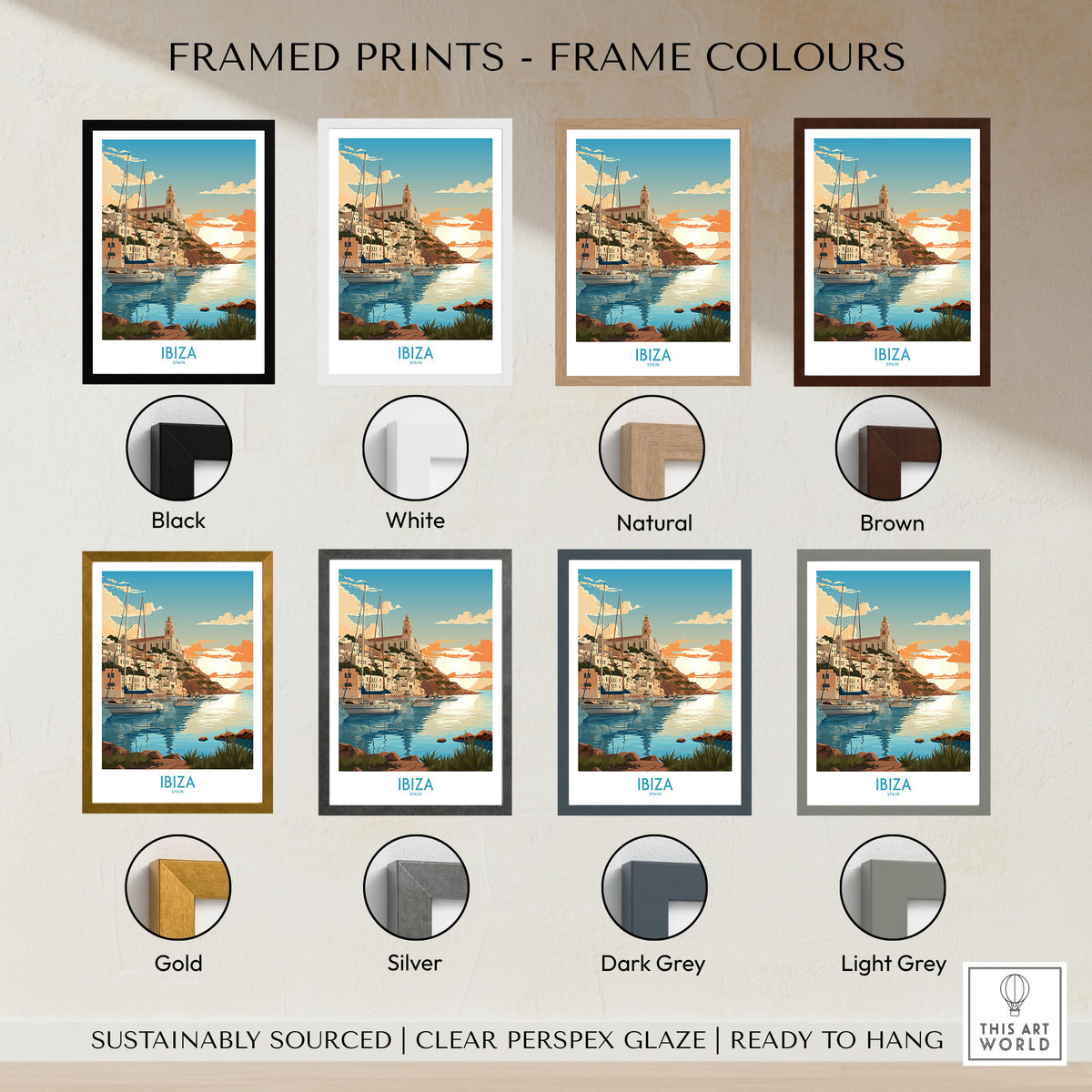 Ibiza Poster Print Modern framed print frame colour options: black, white, natural, brown, gold, silver, dark grey and light grey