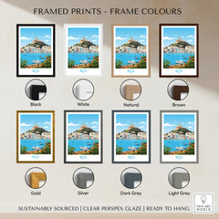 Ibiza Poster framed print frame colour options: black, white, natural, brown, gold, silver, dark grey and light grey