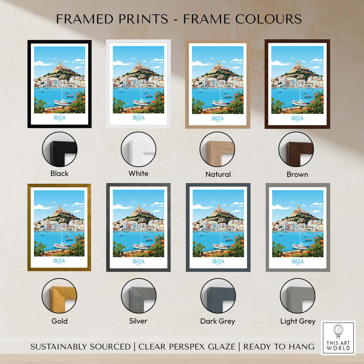 Ibiza Poster framed print frame colour options: black, white, natural, brown, gold, silver, dark grey and light grey