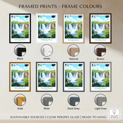 Iguazu Falls Travel Poster framed print frame colour options: black, white, natural, brown, gold, silver, dark grey and light grey