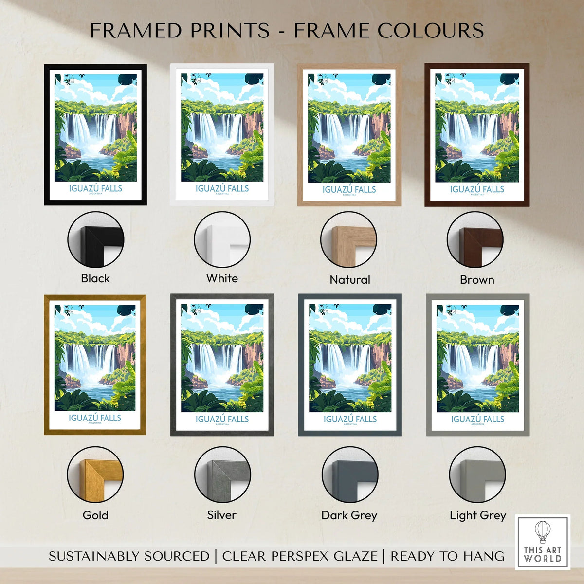 Iguazu Falls Travel Poster framed print frame colour options: black, white, natural, brown, gold, silver, dark grey and light grey