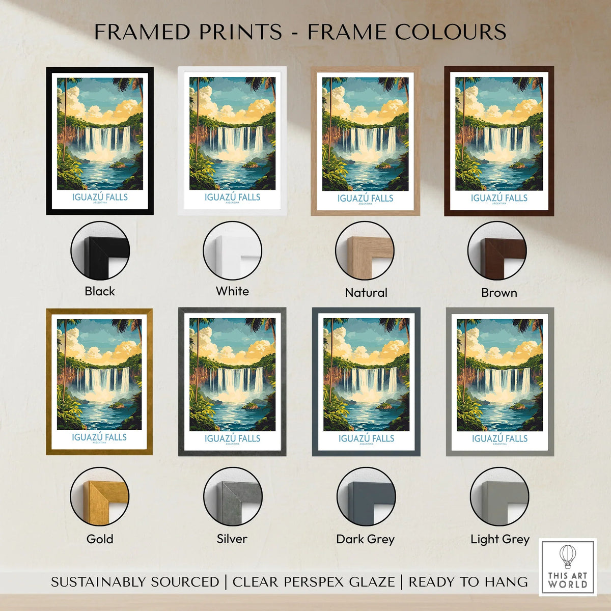 Iguazu Falls Wall Art Print framed print frame colour options: black, white, natural, brown, gold, silver, dark grey and light grey