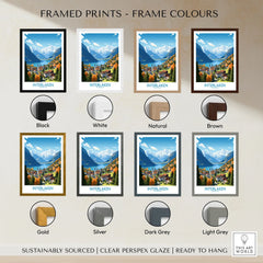 Interlaken Print framed print frame colour options: black, white, natural, brown, gold, silver, dark grey and light grey