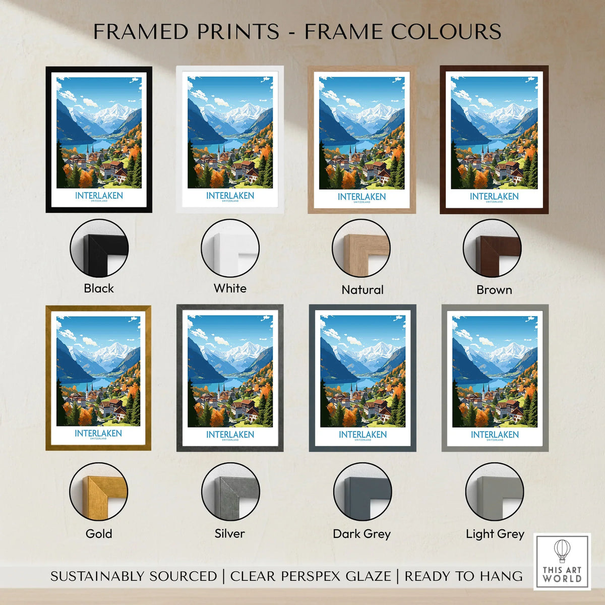 Interlaken Print framed print frame colour options: black, white, natural, brown, gold, silver, dark grey and light grey