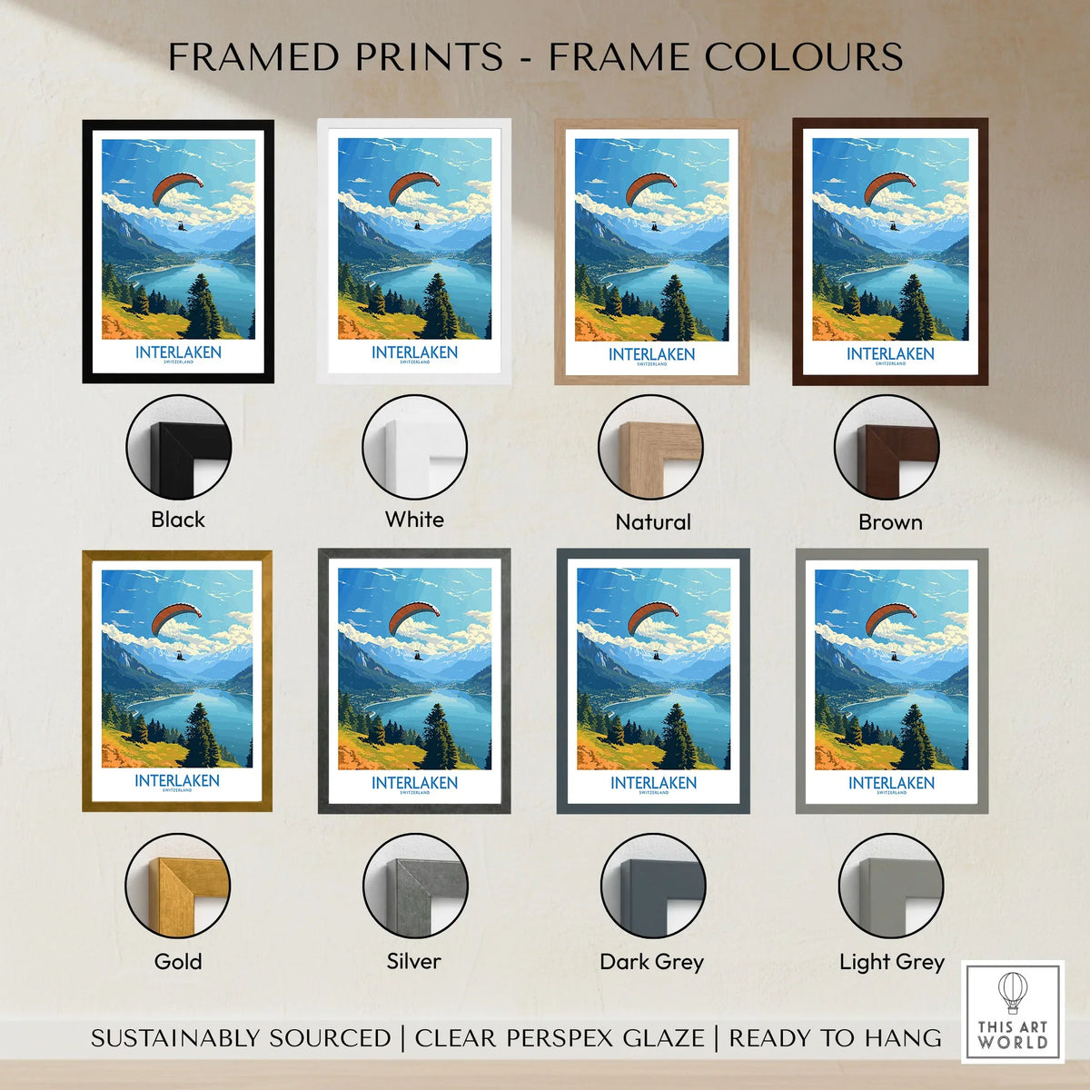 Interlaken Wall Art Print framed print frame colour options: black, white, natural, brown, gold, silver, dark grey and light grey