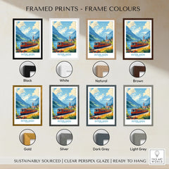 Interlaken Travel Poster framed print frame colour options: black, white, natural, brown, gold, silver, dark grey and light grey