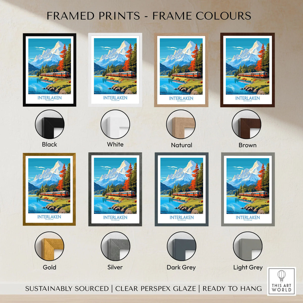 Interlaken Poster Switzerland framed print frame colour options: black, white, natural, brown, gold, silver, dark grey and light grey