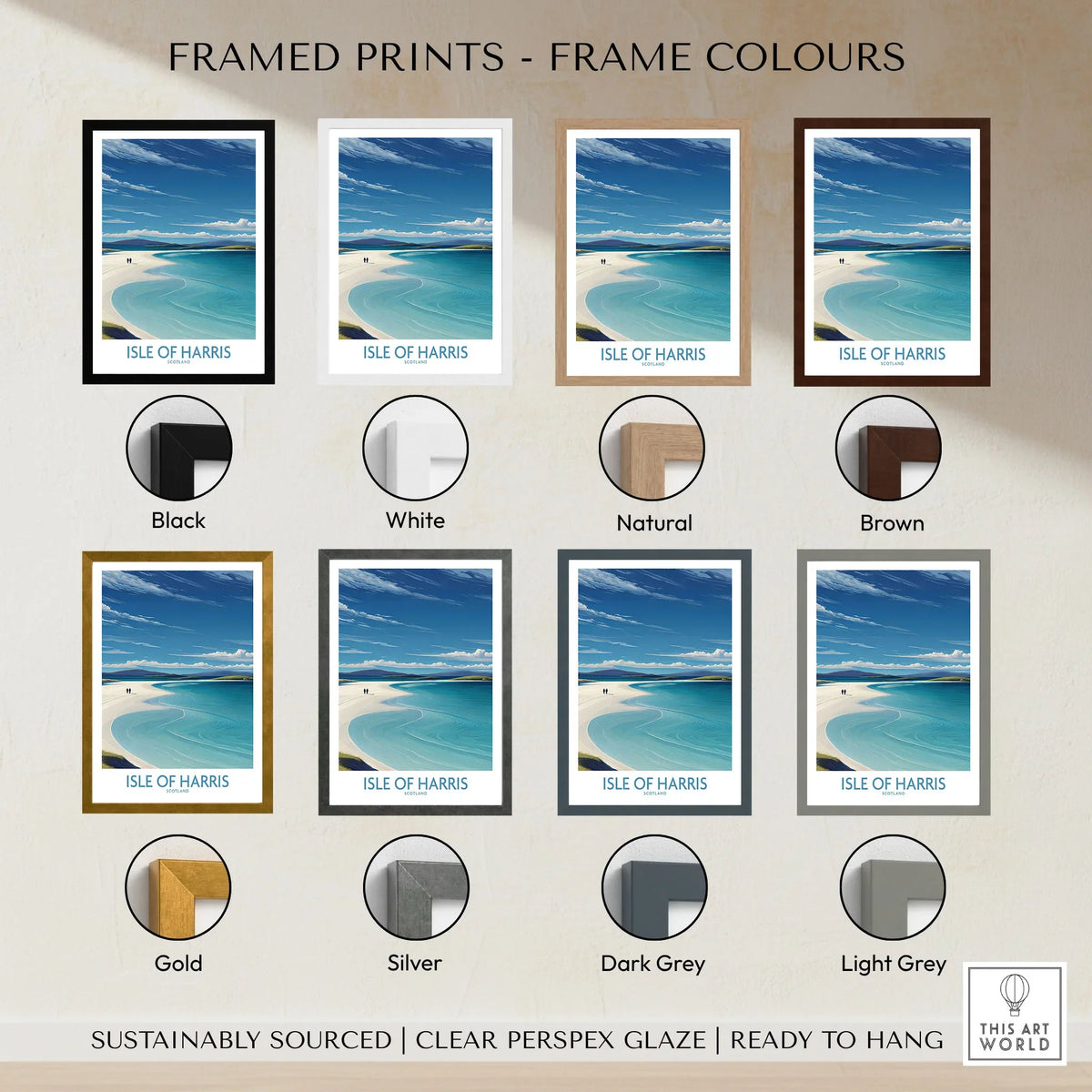 Isle of Harris Poster Scotland - Outer Hebrides Travel Print framed print frame colour options: black, white, natural, brown, gold, silver, dark grey and light grey