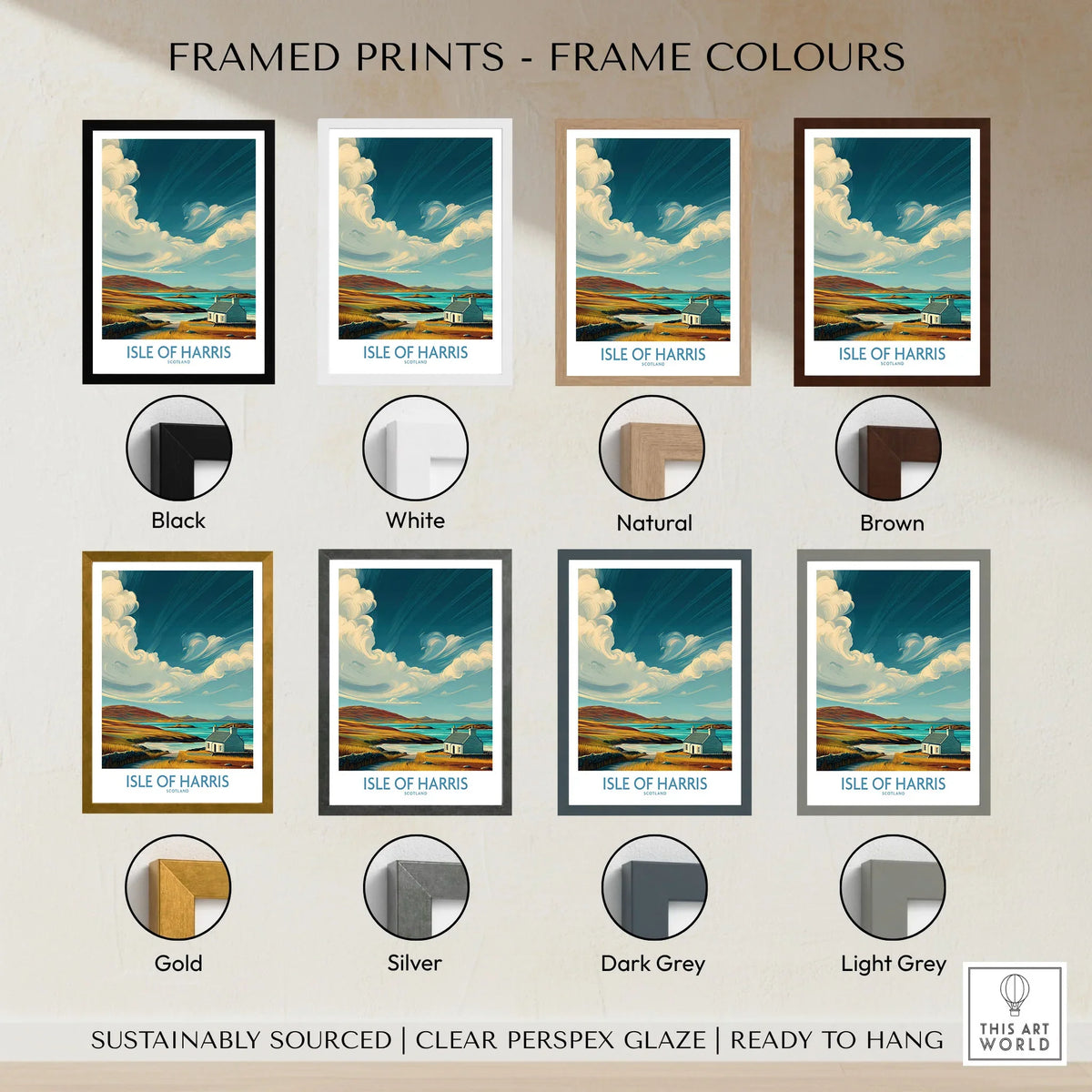 Isle of Harris Poster Scotland Dramatic Sky Seascape - Scottish Island Travel Decor framed print frame colour options: black, white, natural, brown, gold, silver, dark grey and light grey