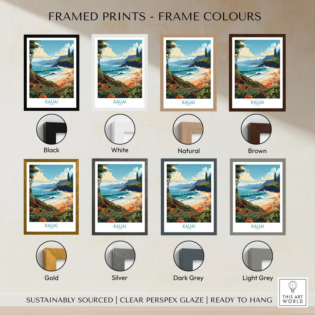 Kauai Travel Poster framed print frame colour options: black, white, natural, brown, gold, silver, dark grey and light grey