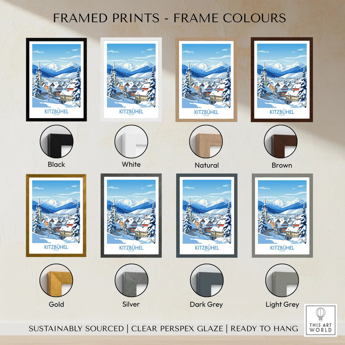 Kitzbuhel Austria Art Print framed print frame colour options: black, white, natural, brown, gold, silver, dark grey and light grey