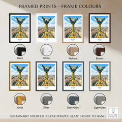 Kyiv Ukraine Maidan Square Wall Art — the Independence Monument rising above Maidan Nezalezhnosti and the Kyiv skyline, shown as framed print colour options