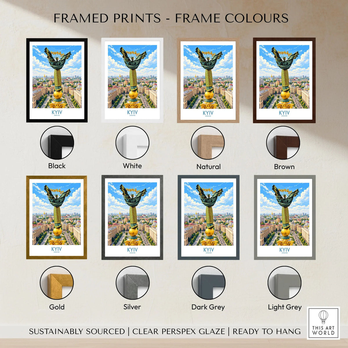 Kyiv Ukraine Maidan Square Wall Art — the Independence Monument rising above Maidan Nezalezhnosti and the Kyiv skyline, shown as framed print colour options