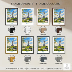 Kyiv Ukraine Spring Blossom Wall Art — the Motherland Monument under spring blossom with the Ukrainian flag flying, shown as framed print colour options