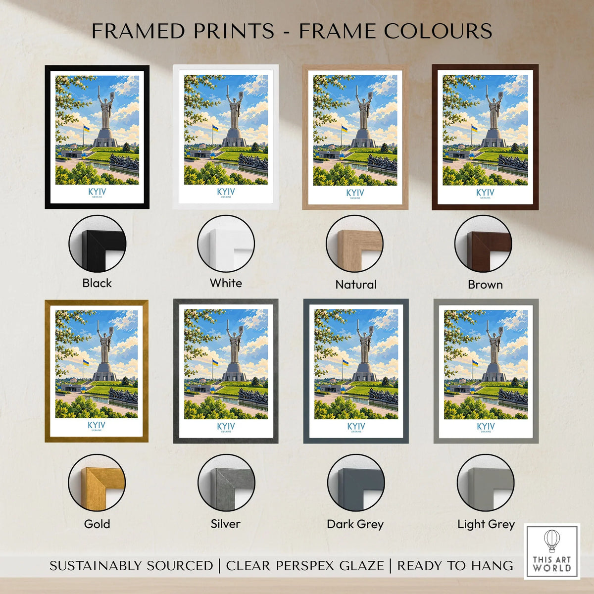Kyiv Ukraine Spring Blossom Wall Art — the Motherland Monument under spring blossom with the Ukrainian flag flying, shown as framed print colour options