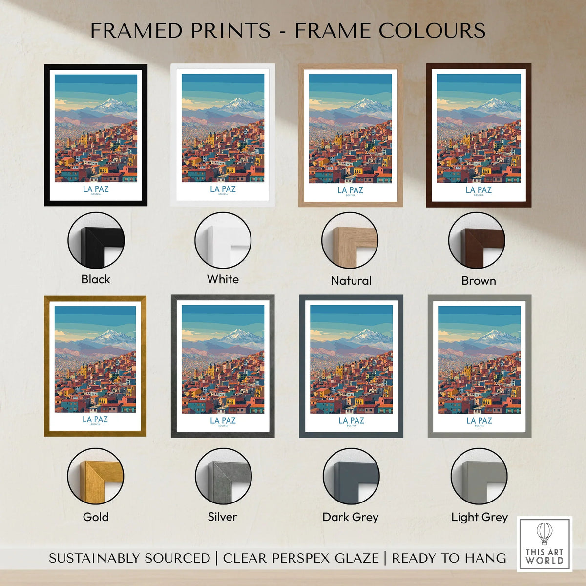 La Paz Bolivia Urban Landscape Wall Art - South American City Print framed print frame colour options: black, white, natural, brown, gold, silver, dark grey and light grey