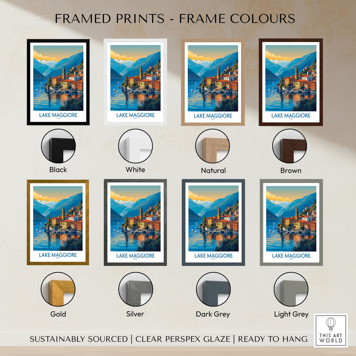 Lake Maggiore Italy Poster framed print frame colour options: black, white, natural, brown, gold, silver, dark grey and light grey
