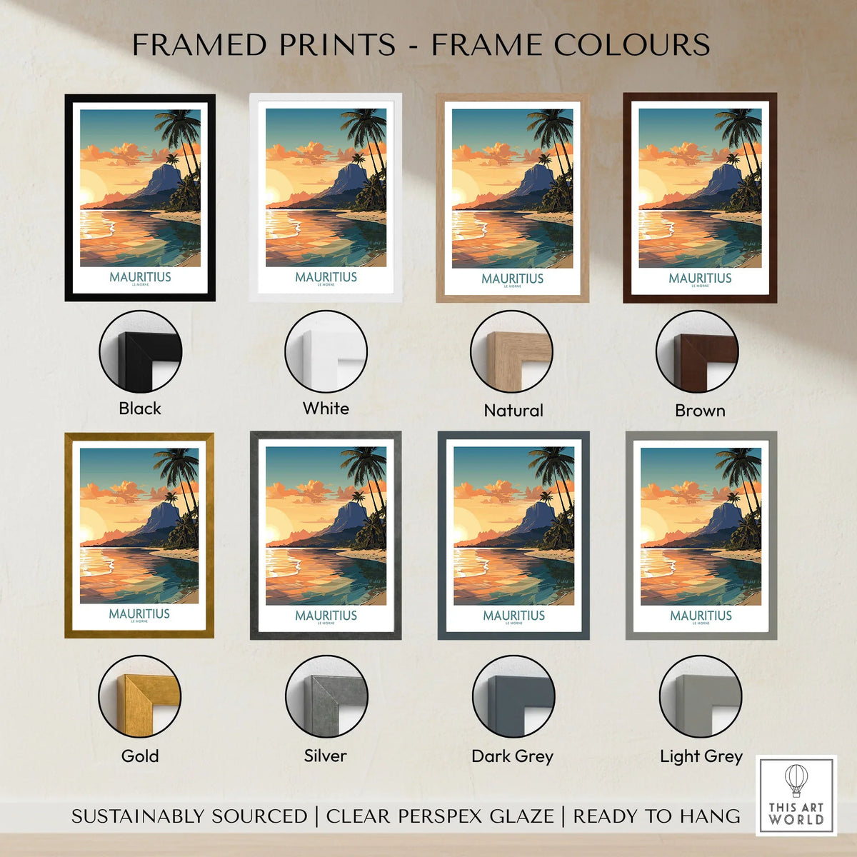 Le Morne Mauritius Wall Art framed print frame colour options: black, white, natural, brown, gold, silver, dark grey and light grey